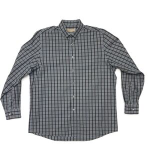 Michael Kors Gray and Blue Plaid Long Sleeve Button-Up‎ Cotton Shirt, 34/35, L